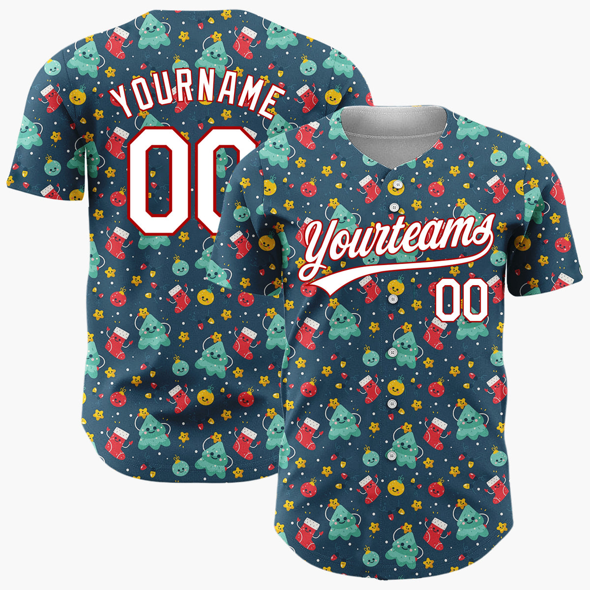 Custom Dark Blue Teal Red Cute Happy Trees And Stockings Whimsical Pattern Christmas Baseball Jersey