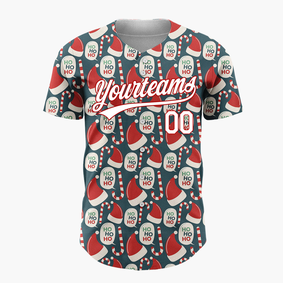 Custom Dark Blue Red Santa Hats Candy Canes Ho Ho Retro Christmas Baseball Jersey