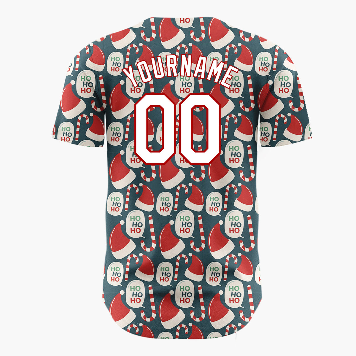 Custom Dark Blue Red Santa Hats Candy Canes Ho Ho Retro Christmas Baseball Jersey
