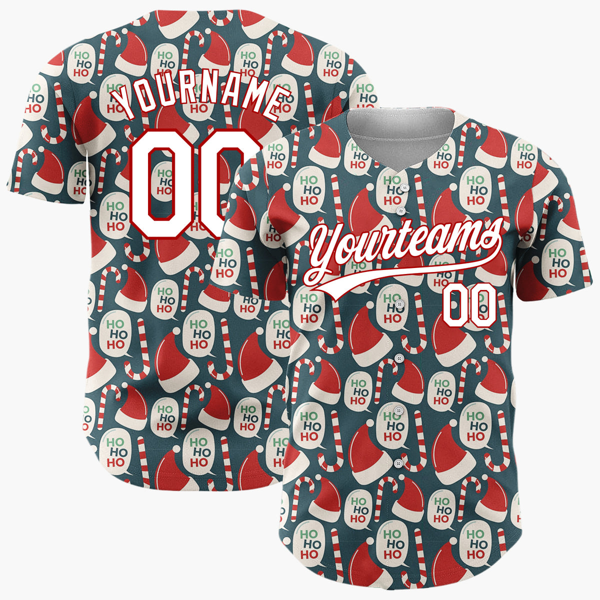 Custom Dark Blue Red Santa Hats Candy Canes Ho Ho Retro Christmas Baseball Jersey