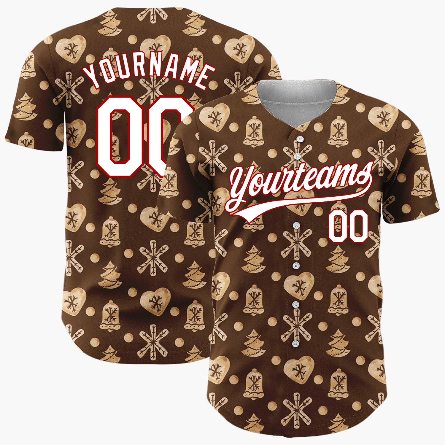 Custom Dark Brown Gingerbread Cookie Watercolor Pattern Christmas Baseball Jersey