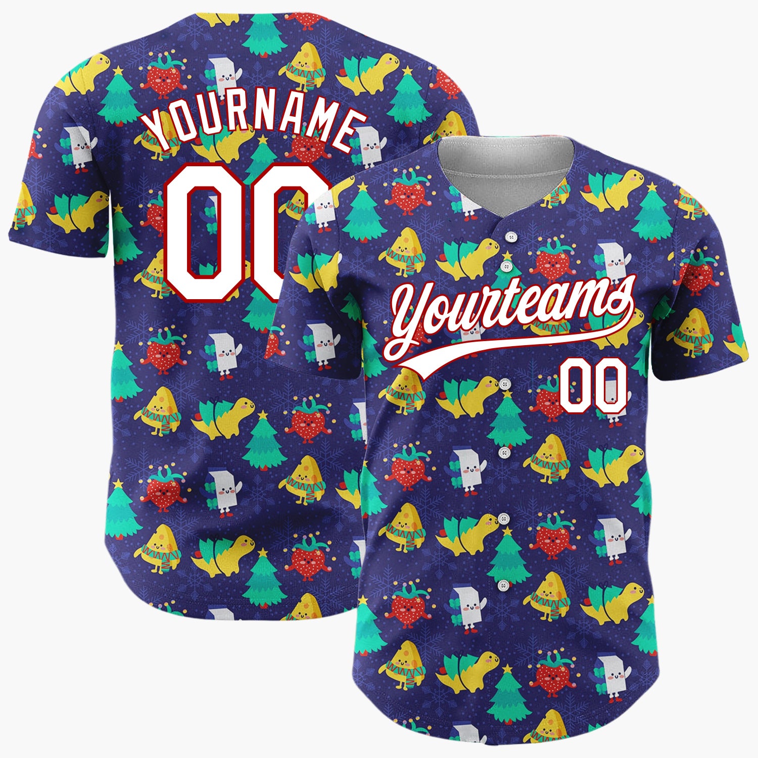 Custom Dark Blue Multicolor Dinosaur Character Winter Christmas Baseball Jersey
