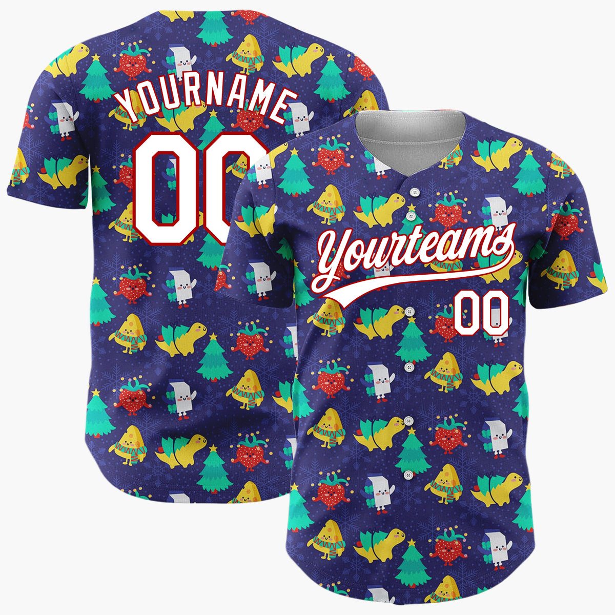 Custom Dark Blue Multicolor Dinosaur Character Winter Christmas Baseball Jersey