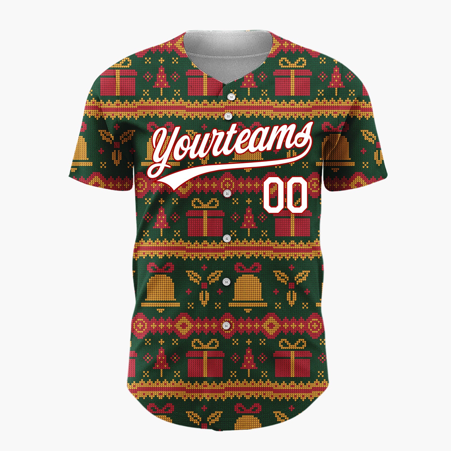 Custom Dark Green Gifts Bells Traditional Knitted Pattern Christmas Baseball Jersey