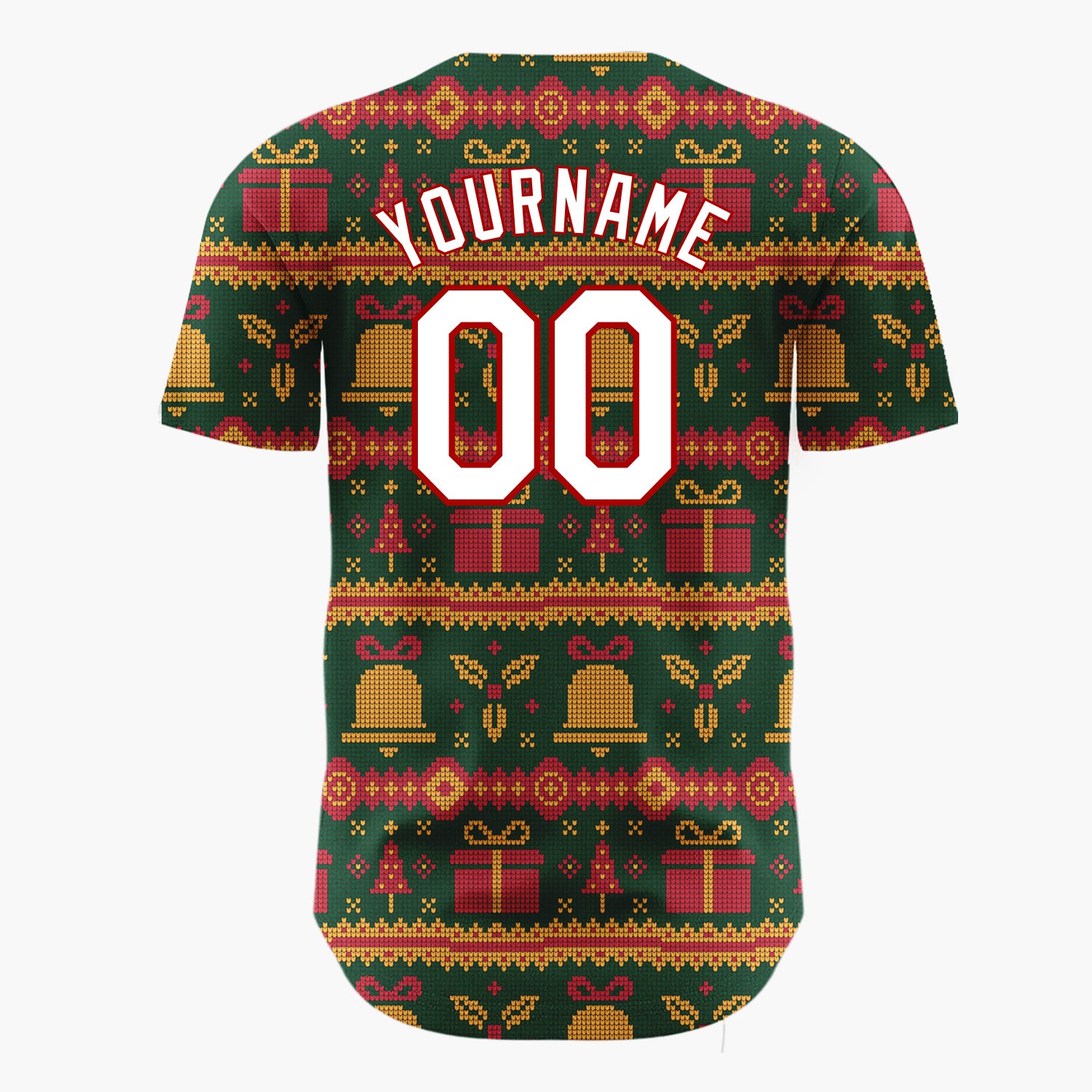 Custom Dark Green Gifts Bells Traditional Knitted Pattern Christmas Baseball Jersey