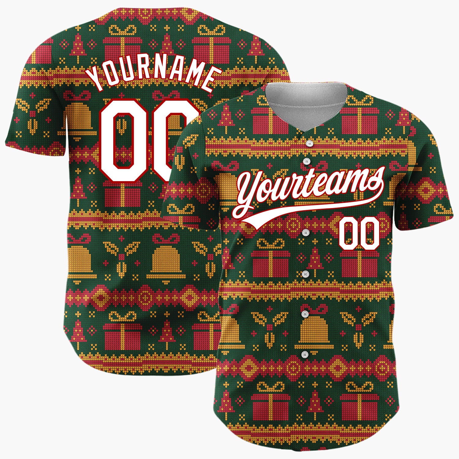 Custom Dark Green Gifts Bells Traditional Knitted Pattern Christmas Baseball Jersey
