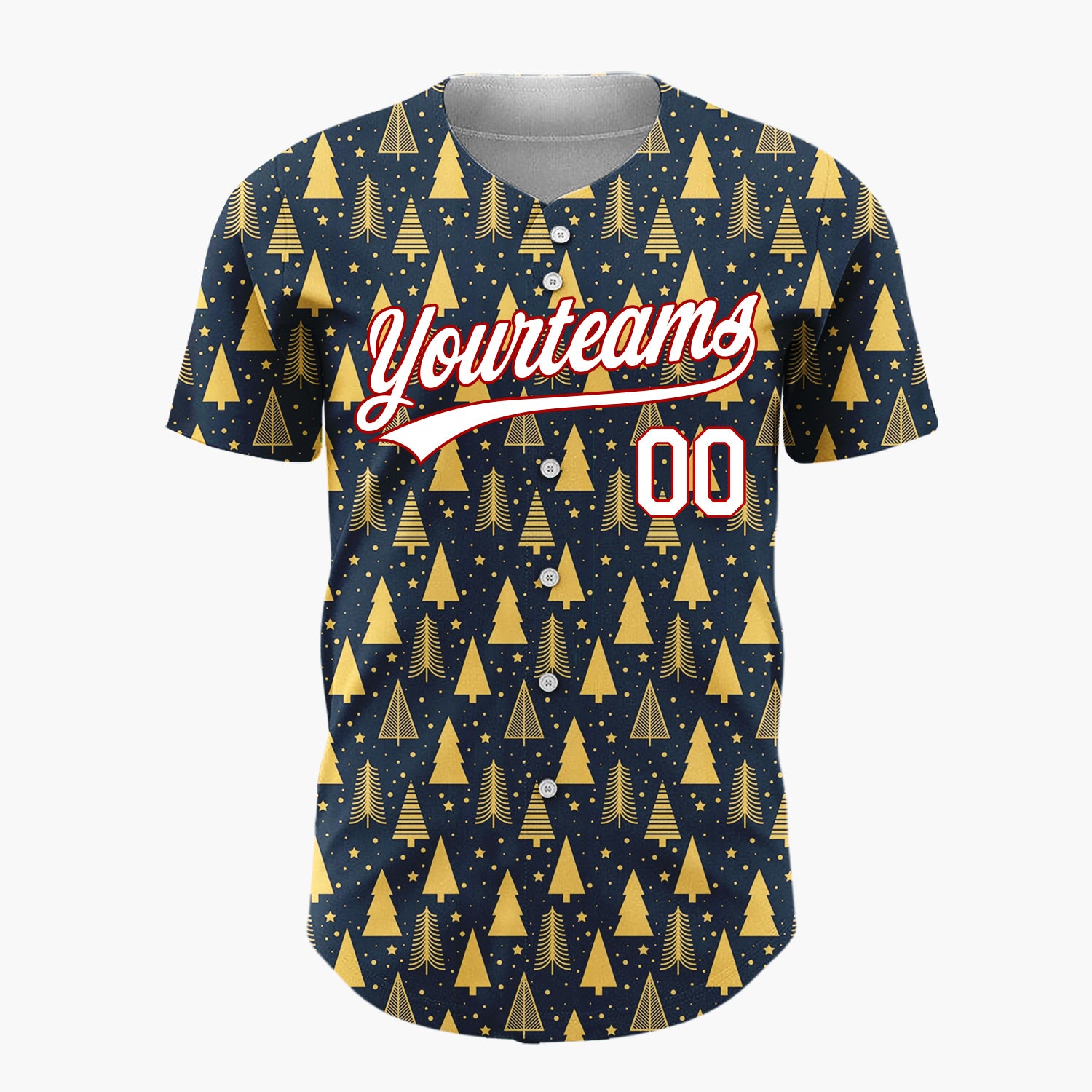 Custom Dark Blue Gold Minimalist Tree And Star Christmas Baseball Jersey