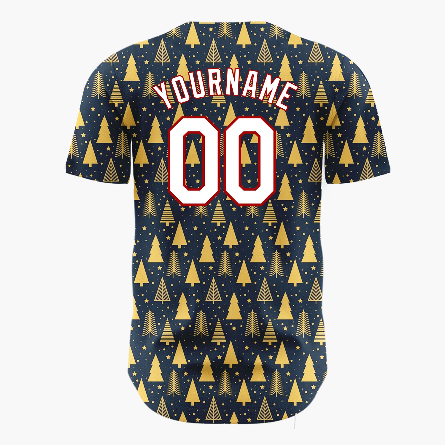 Custom Dark Blue Gold Minimalist Tree And Star Christmas Baseball Jersey