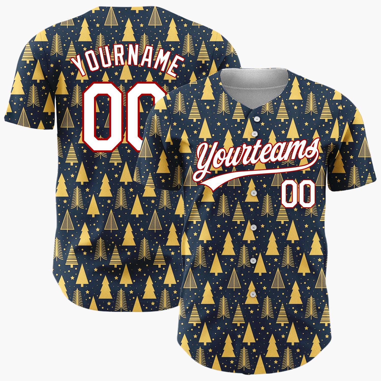 Custom Dark Blue Gold Minimalist Tree And Star Christmas Baseball Jersey