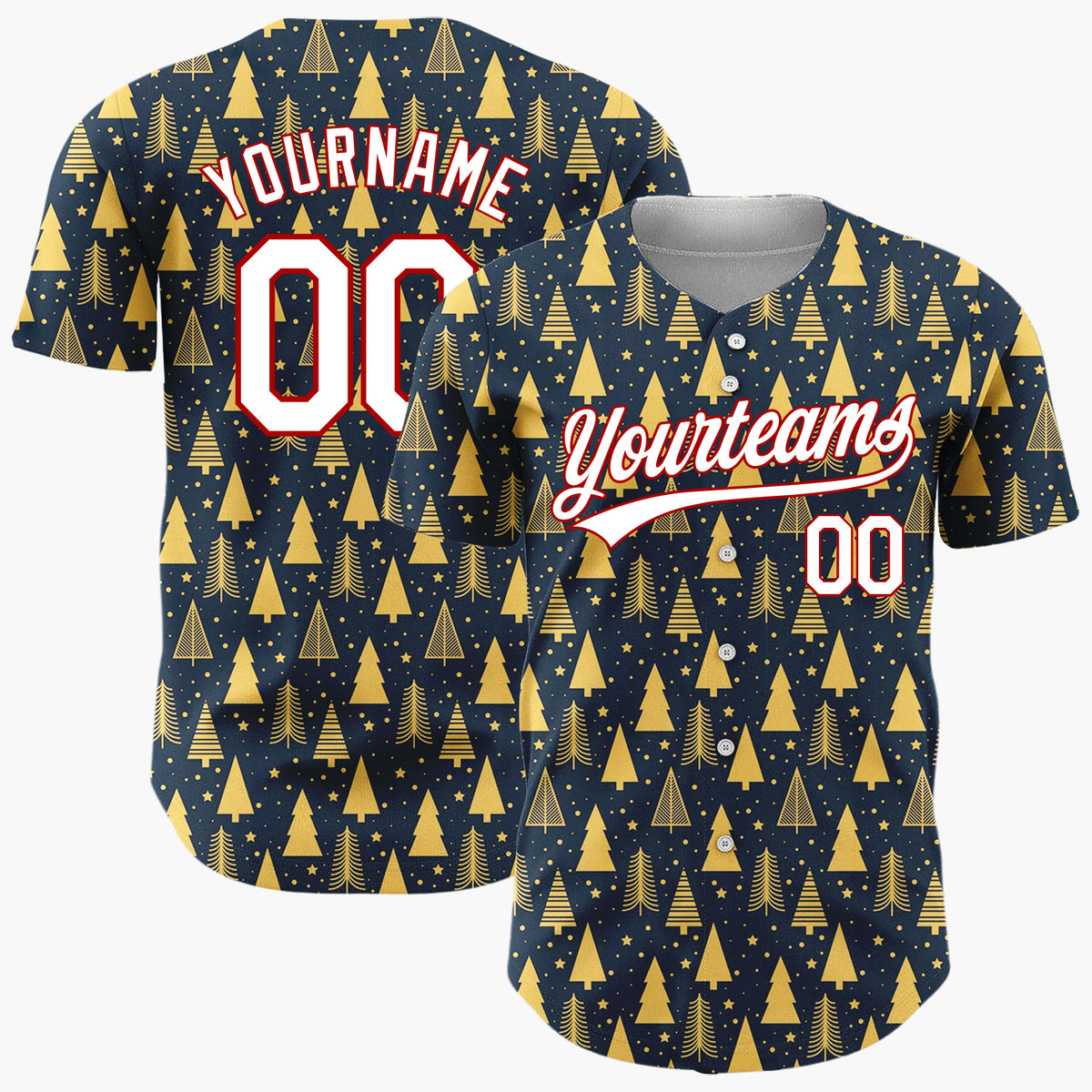 Custom Dark Blue Gold Minimalist Tree And Star Christmas Baseball Jersey