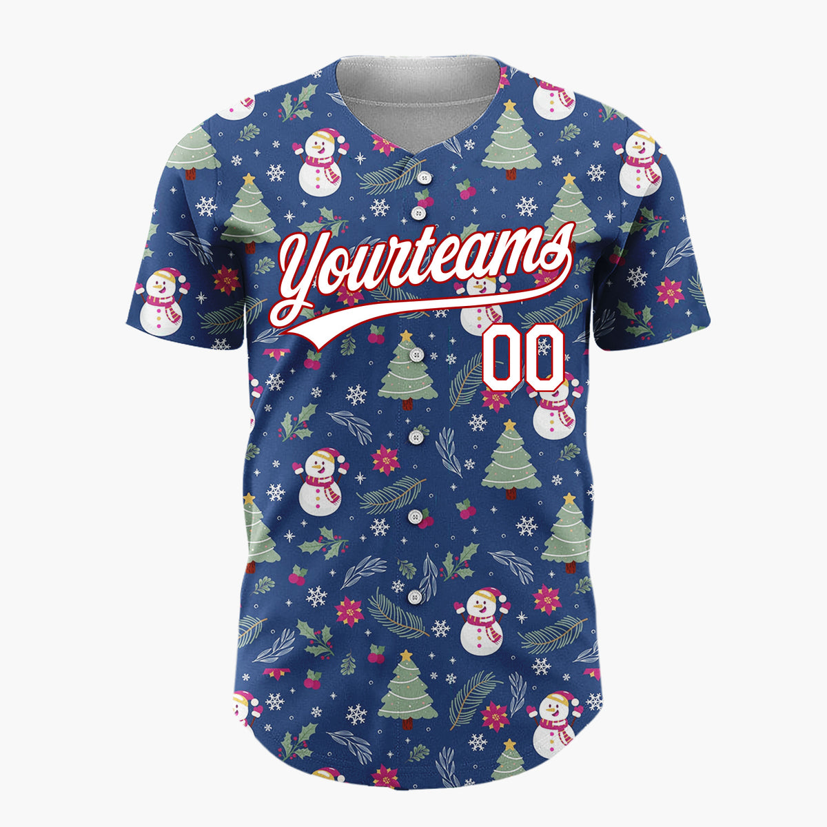 Custom Dark Blue Snowman Christmas Trees Cartoon Pattern Christmas Baseball Jersey