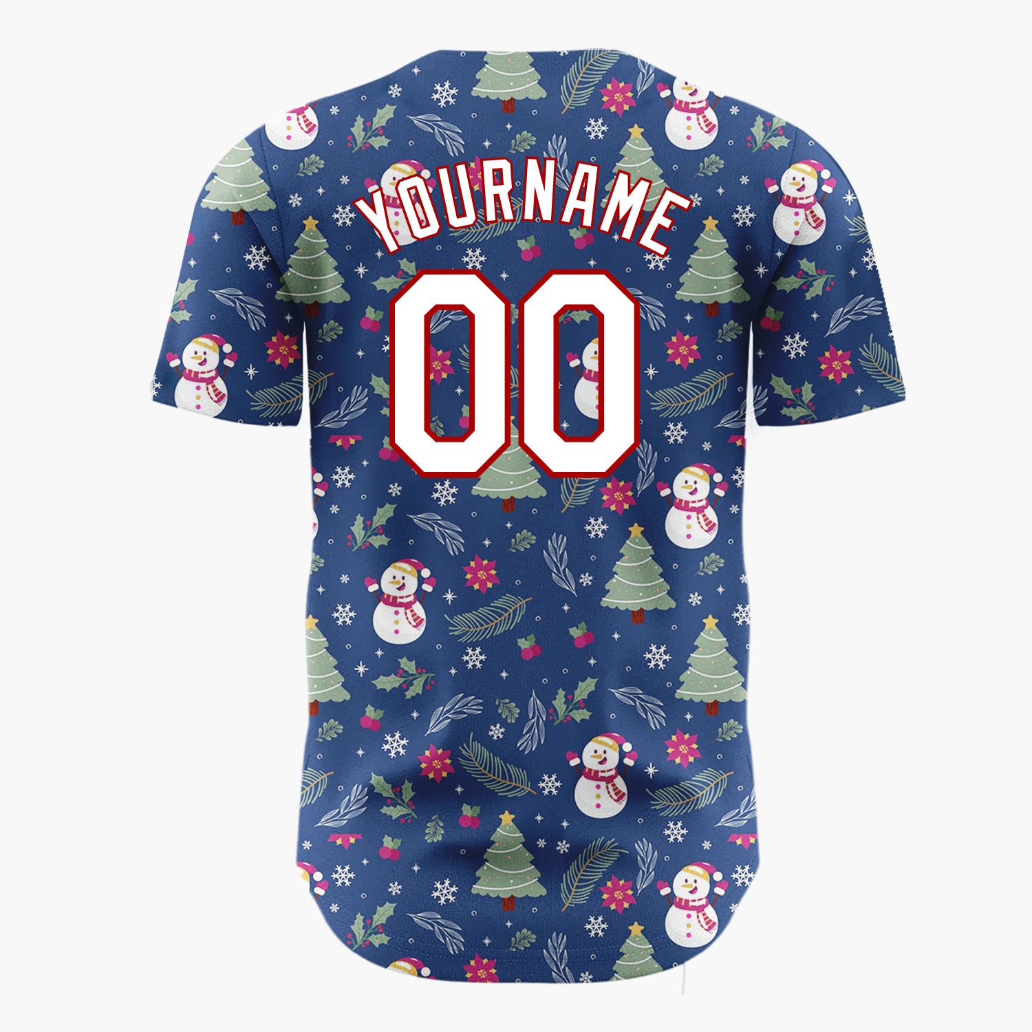 Custom Dark Blue Snowman Christmas Trees Cartoon Pattern Christmas Baseball Jersey