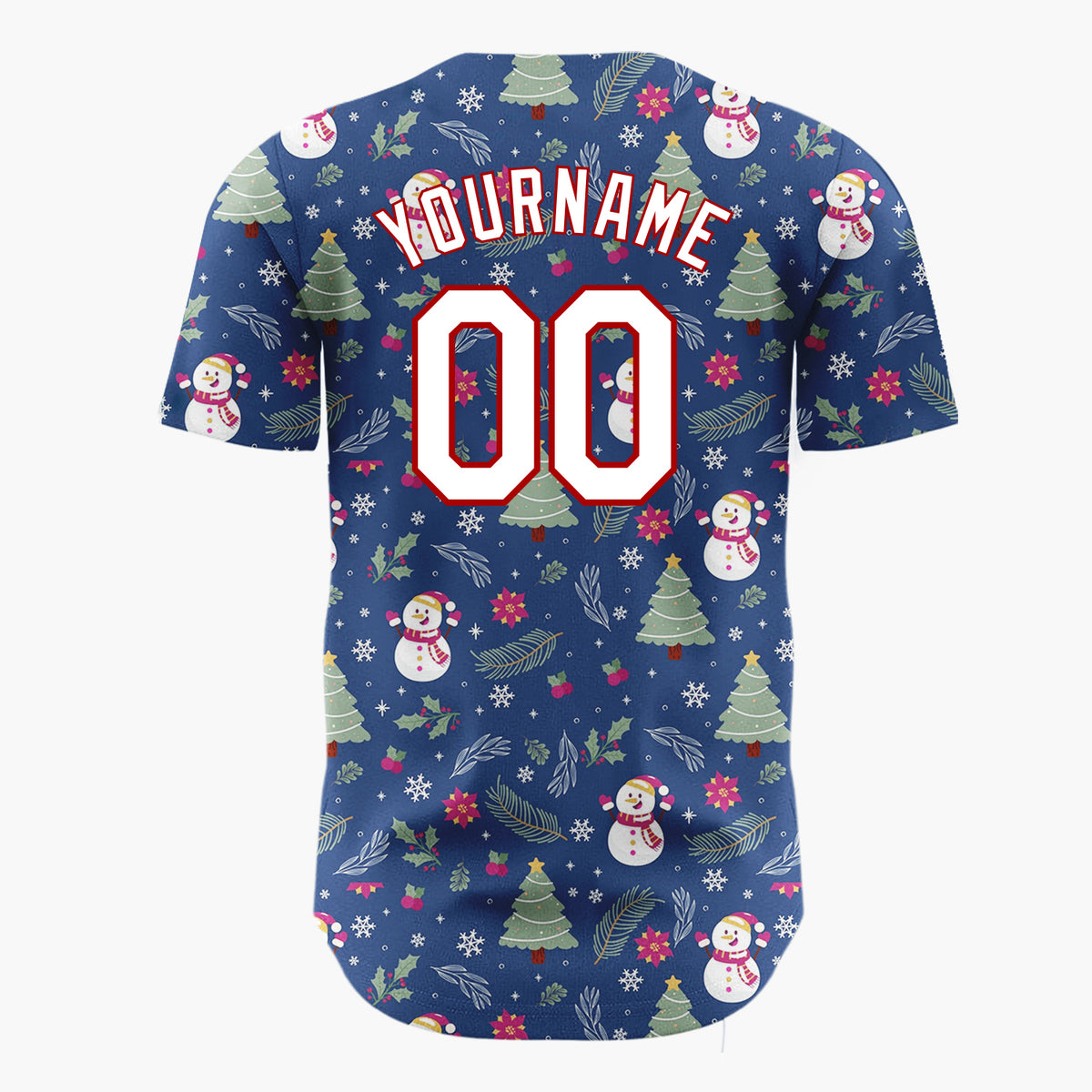 Custom Dark Blue Snowman Christmas Trees Cartoon Pattern Christmas Baseball Jersey