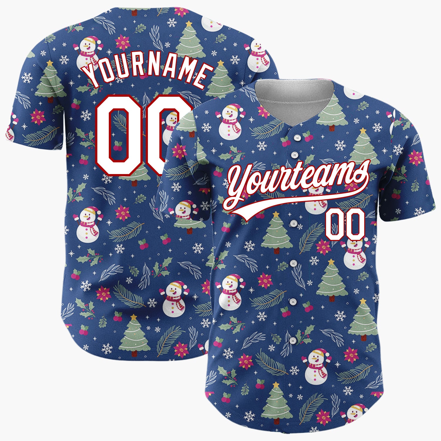 Custom Dark Blue Snowman Christmas Trees Cartoon Pattern Christmas Baseball Jersey