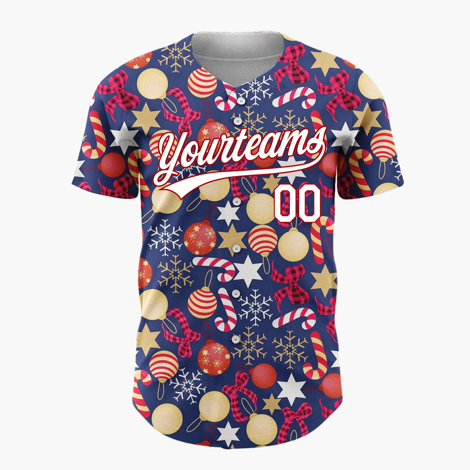 Custom Dark Blue Red Gold White Ornaments Stars And Candy Canes Christmas Baseball Jersey