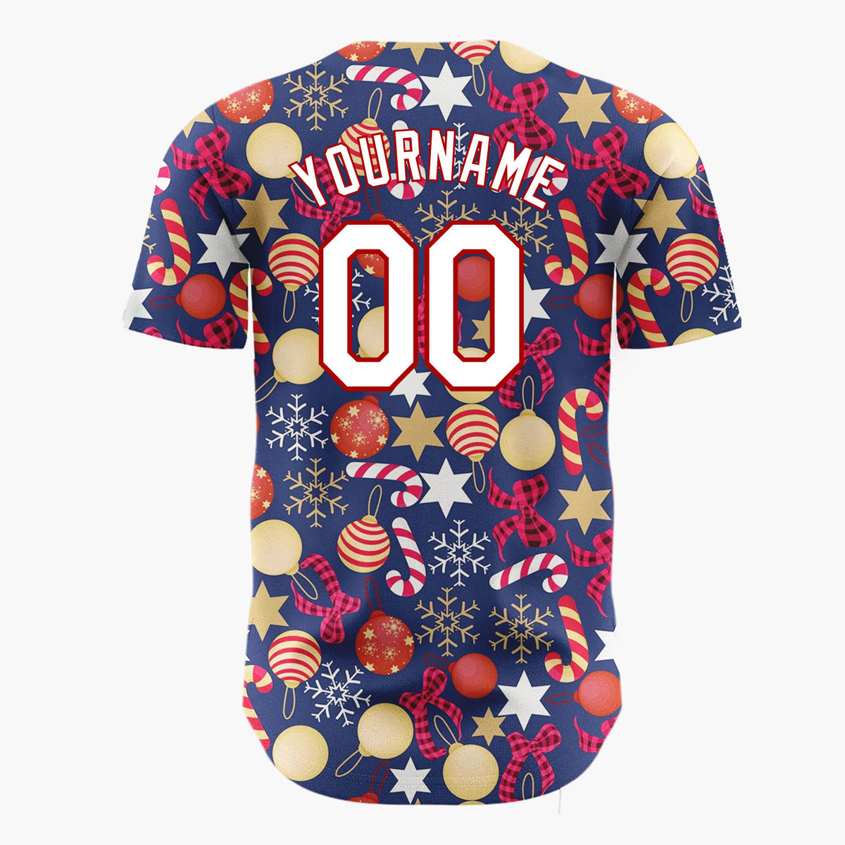 Custom Dark Blue Red Gold White Ornaments Stars And Candy Canes Christmas Baseball Jersey
