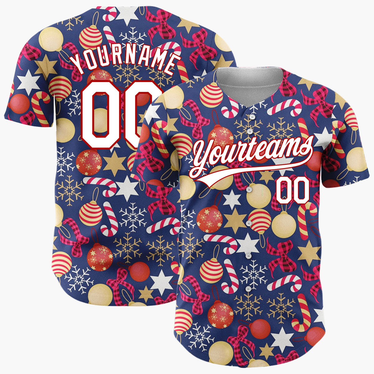 Custom Dark Blue Red Gold White Ornaments Stars And Candy Canes Christmas Baseball Jersey
