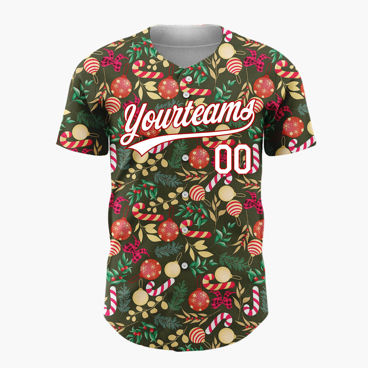 Custom Dark Green Christmas Flowers Doodles Cartoon Pattern Christmas Baseball Jersey