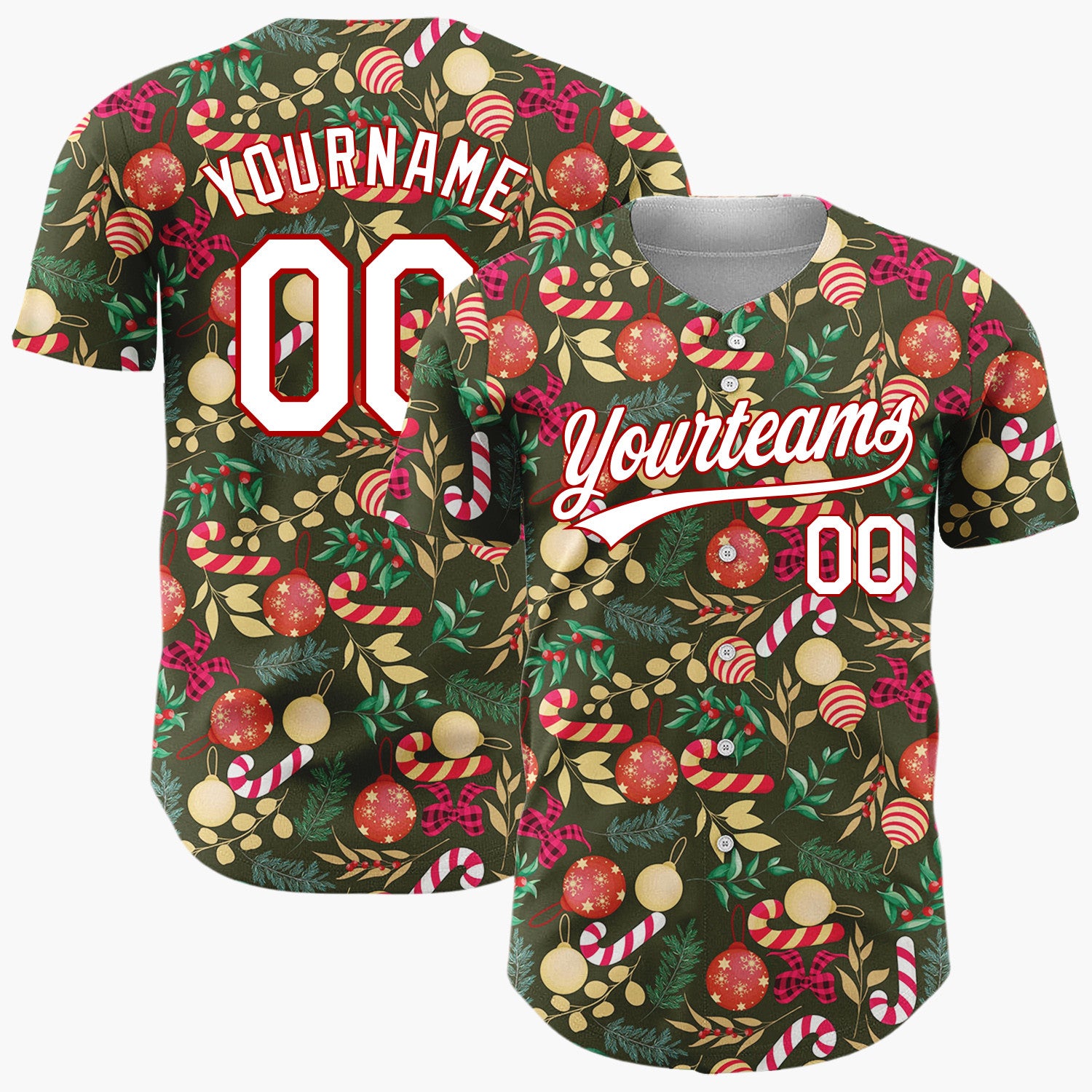 Custom Dark Green Christmas Flowers Doodles Cartoon Pattern Christmas Baseball Jersey