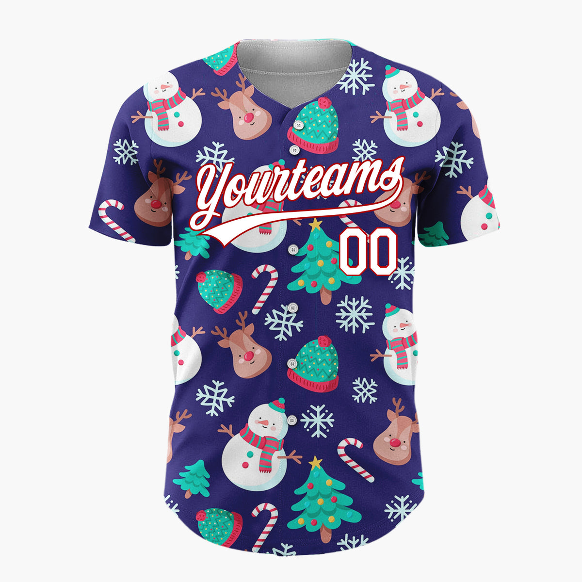 Custom Dark Blue Snowmen Reindeer Trees Cute Cartoon Christmas Baseball Jersey