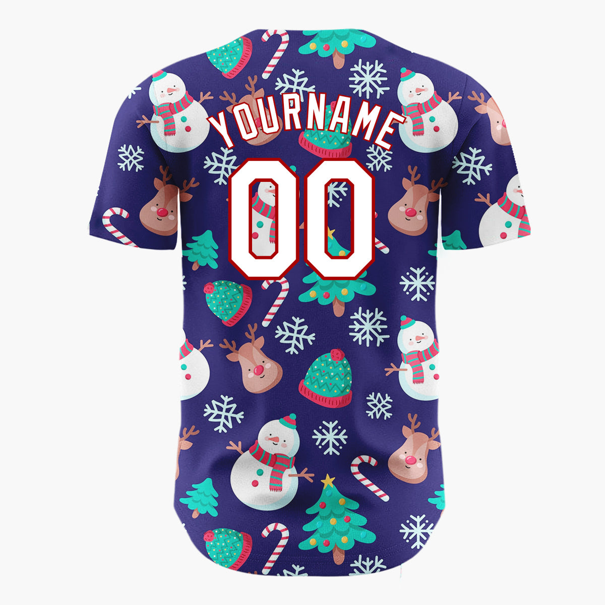 Custom Dark Blue Snowmen Reindeer Trees Cute Cartoon Christmas Baseball Jersey