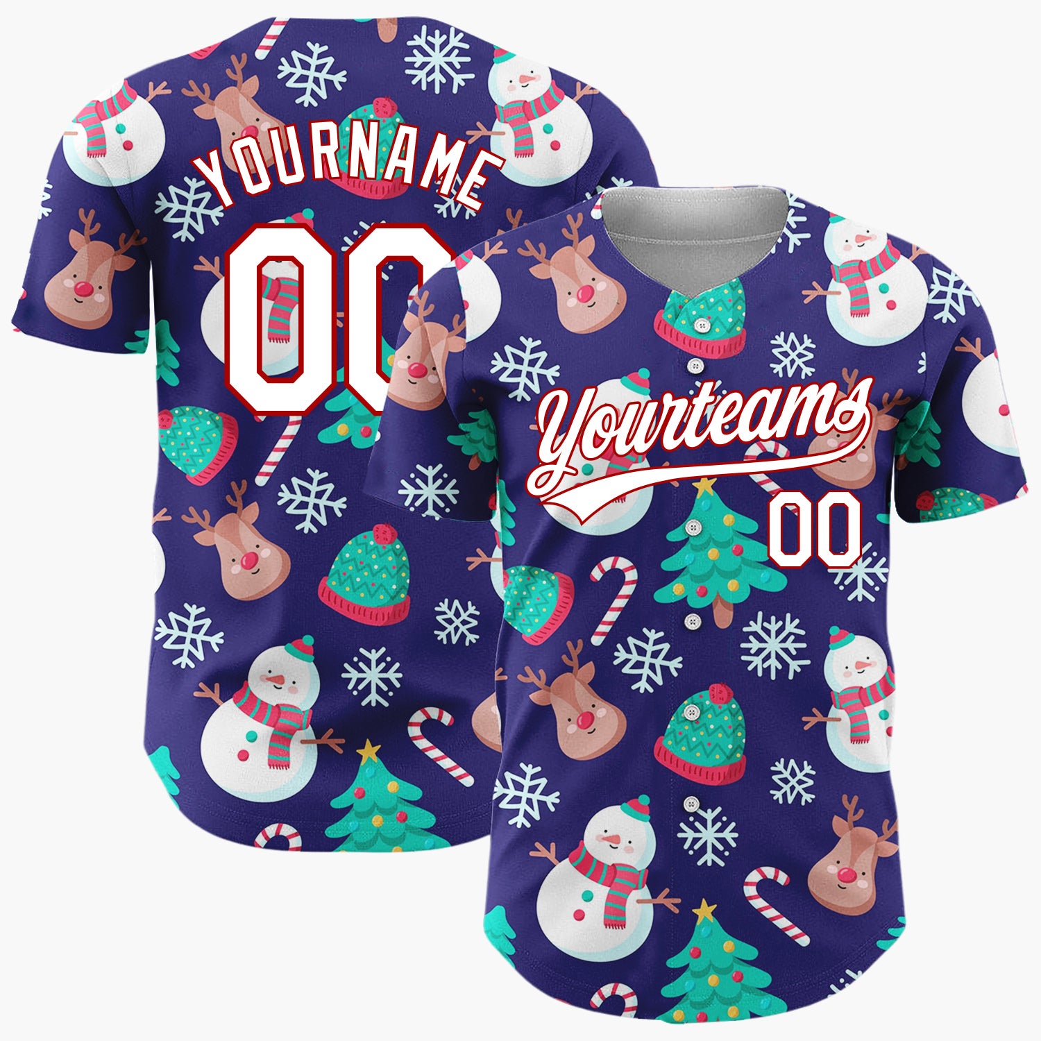 Custom Dark Blue Snowmen Reindeer Trees Cute Cartoon Christmas Baseball Jersey