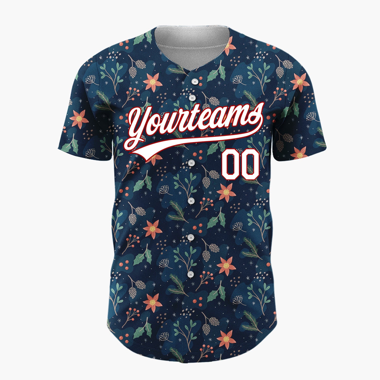 Custom Dark Blue Red Green Festive Floral Christmas Botanical Pattern Christmas Baseball Jersey