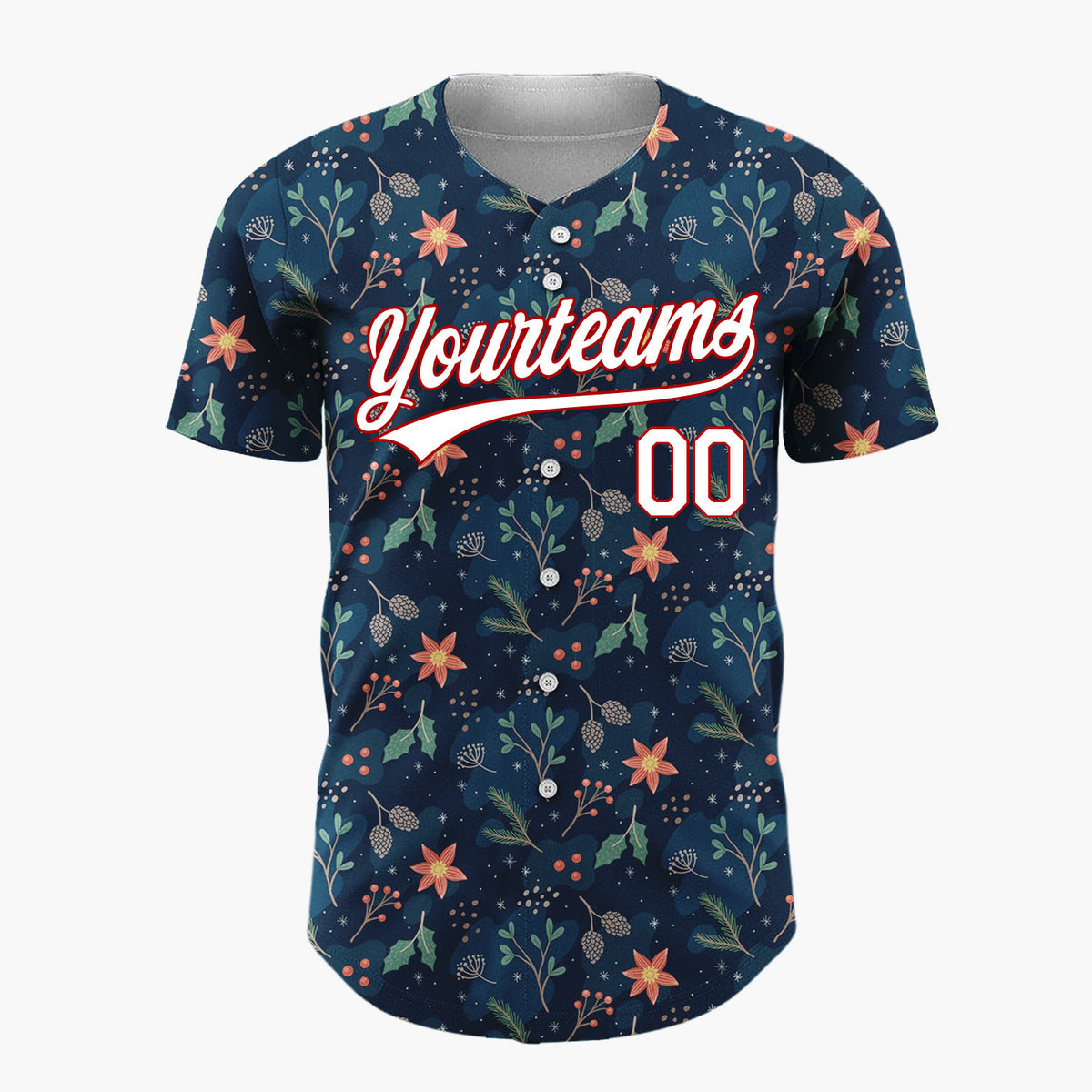 Custom Dark Blue Red Green Festive Floral Christmas Botanical Pattern Christmas Baseball Jersey
