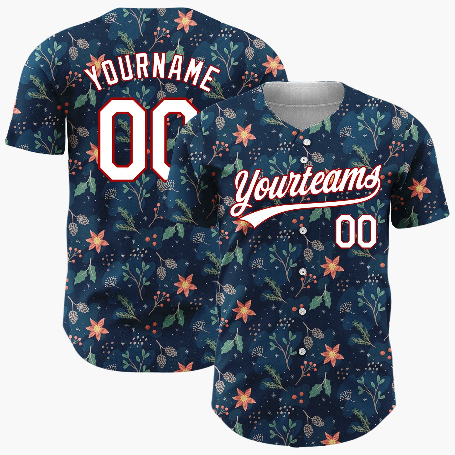 Custom Dark Blue Red Green Festive Floral Christmas Botanical Pattern Christmas Baseball Jersey