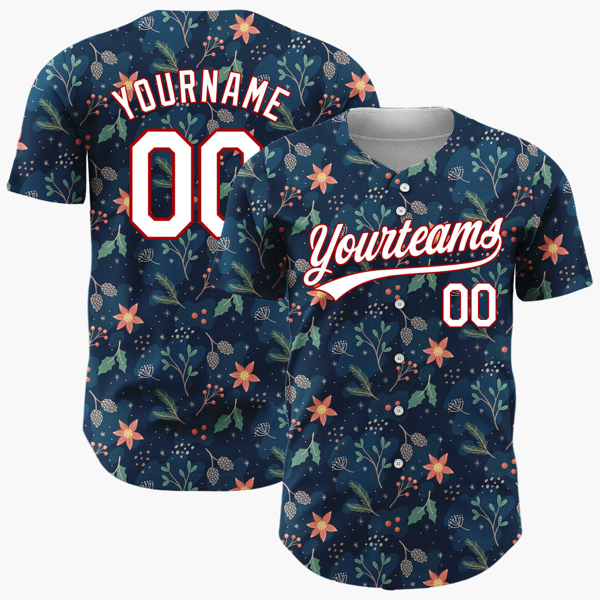 Custom Dark Blue Red Green Festive Floral Christmas Botanical Pattern Christmas Baseball Jersey