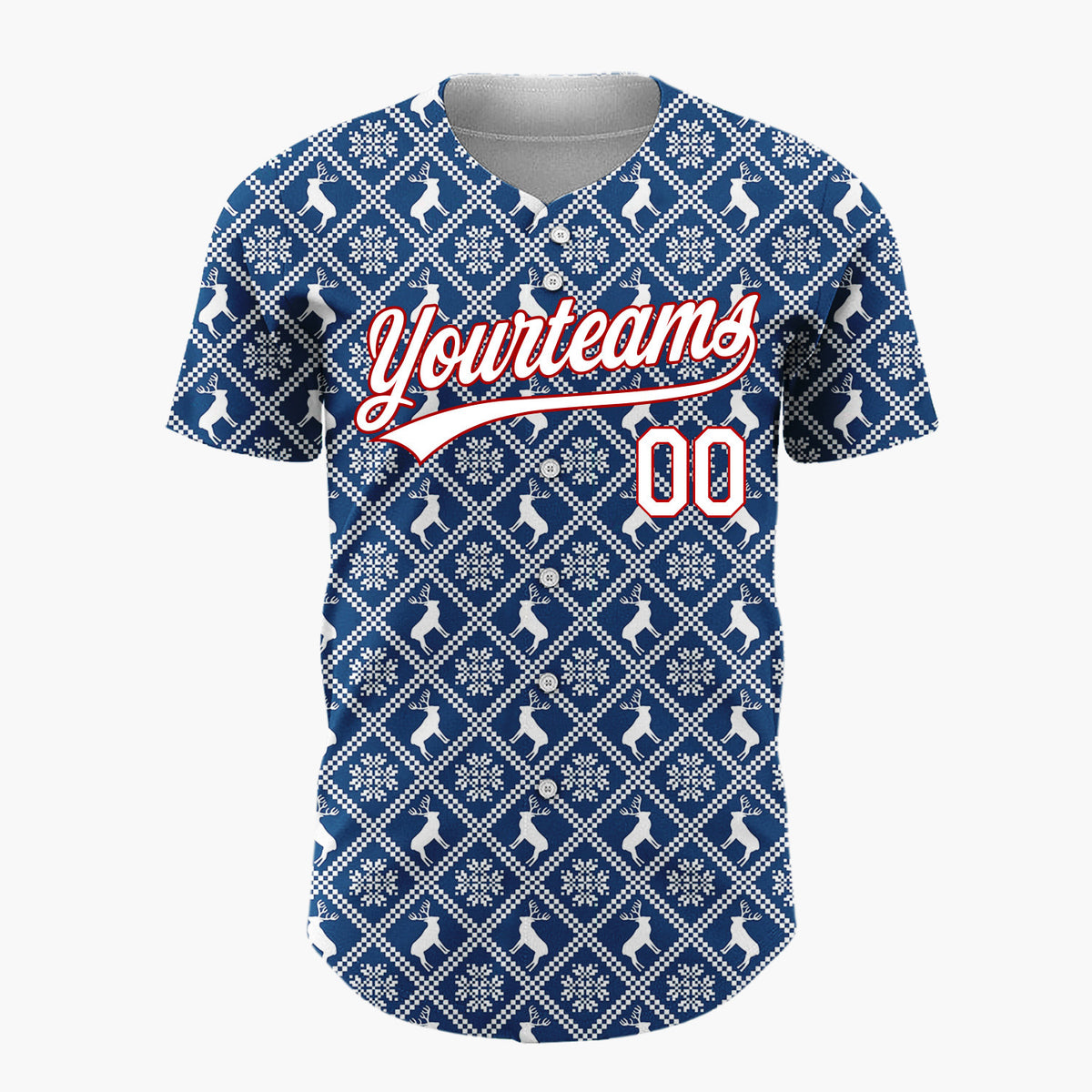 Custom Dark Blue Reindeer and Geometric Square Nordic Fair Isle Pattern Christmas Baseball Jersey