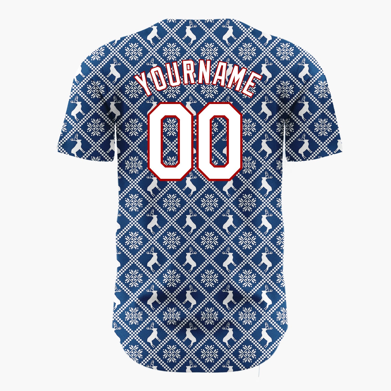 Custom Dark Blue Reindeer and Geometric Square Nordic Fair Isle Pattern Christmas Baseball Jersey