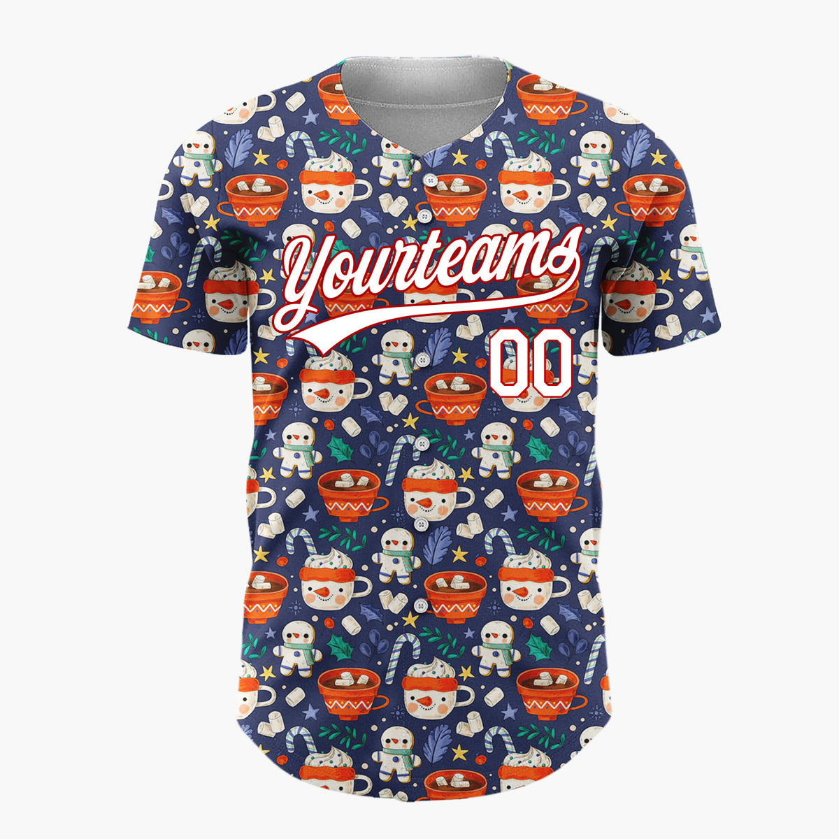 Custom Dark Blue Red Hot Chocolate Mugs And Gingerbread Men Cute Winter Pattern Christmas Baseball Jersey