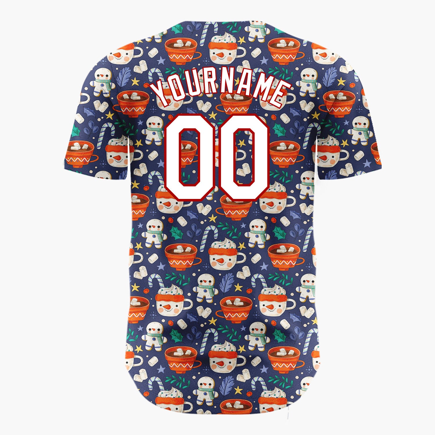 Custom Dark Blue Red Hot Chocolate Mugs And Gingerbread Men Cute Winter Pattern Christmas Baseball Jersey