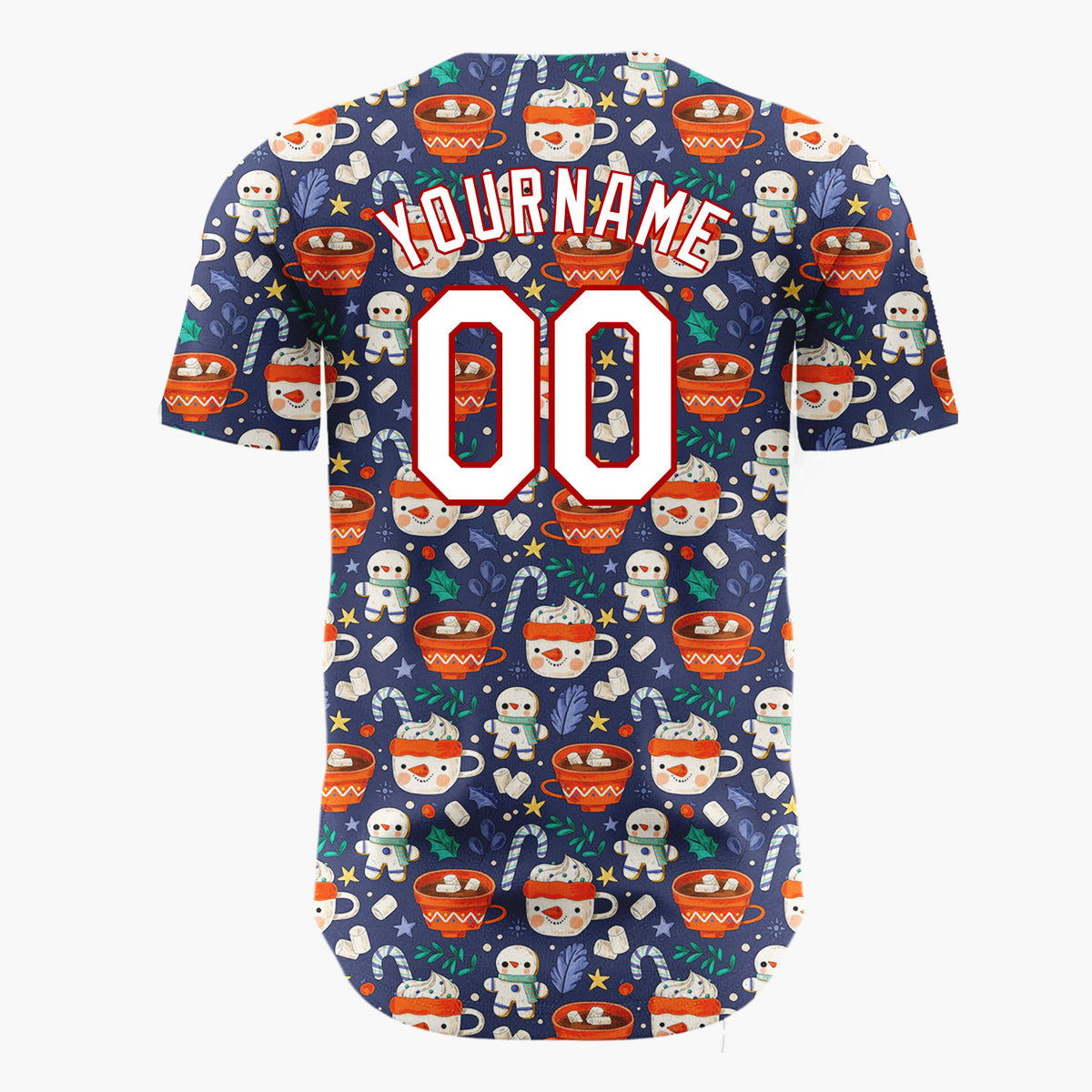 Custom Dark Blue Red Hot Chocolate Mugs And Gingerbread Men Cute Winter Pattern Christmas Baseball Jersey