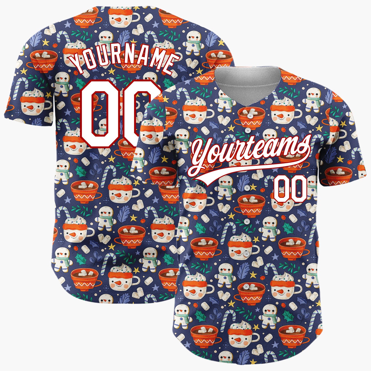 Custom Dark Blue Red Hot Chocolate Mugs And Gingerbread Men Cute Winter Pattern Christmas Baseball Jersey