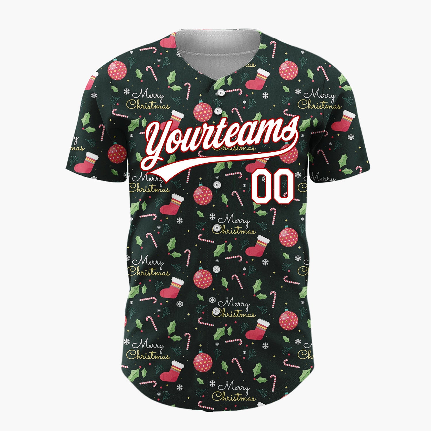 Custom Dark Green Merry Christmas Text Foliage Cartoon Pattern Christmas Baseball Jersey