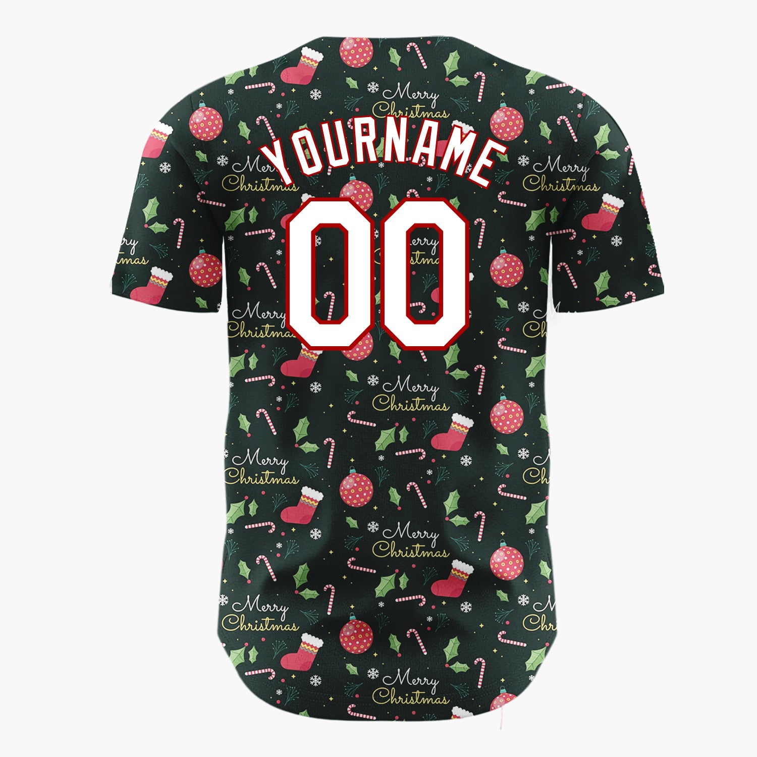Custom Dark Green Merry Christmas Text Foliage Cartoon Pattern Christmas Baseball Jersey