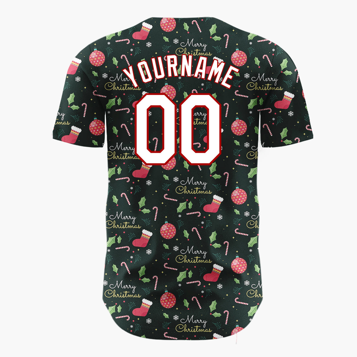 Custom Dark Green Merry Christmas Text Foliage Cartoon Pattern Christmas Baseball Jersey