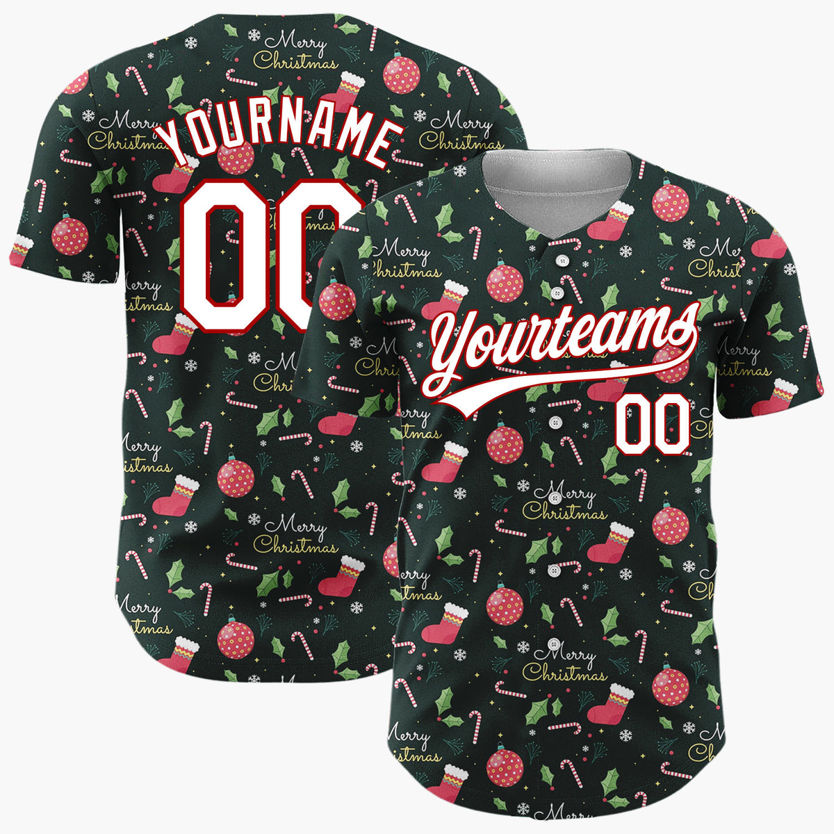 Custom Dark Green Merry Christmas Text Foliage Cartoon Pattern Christmas Baseball Jersey