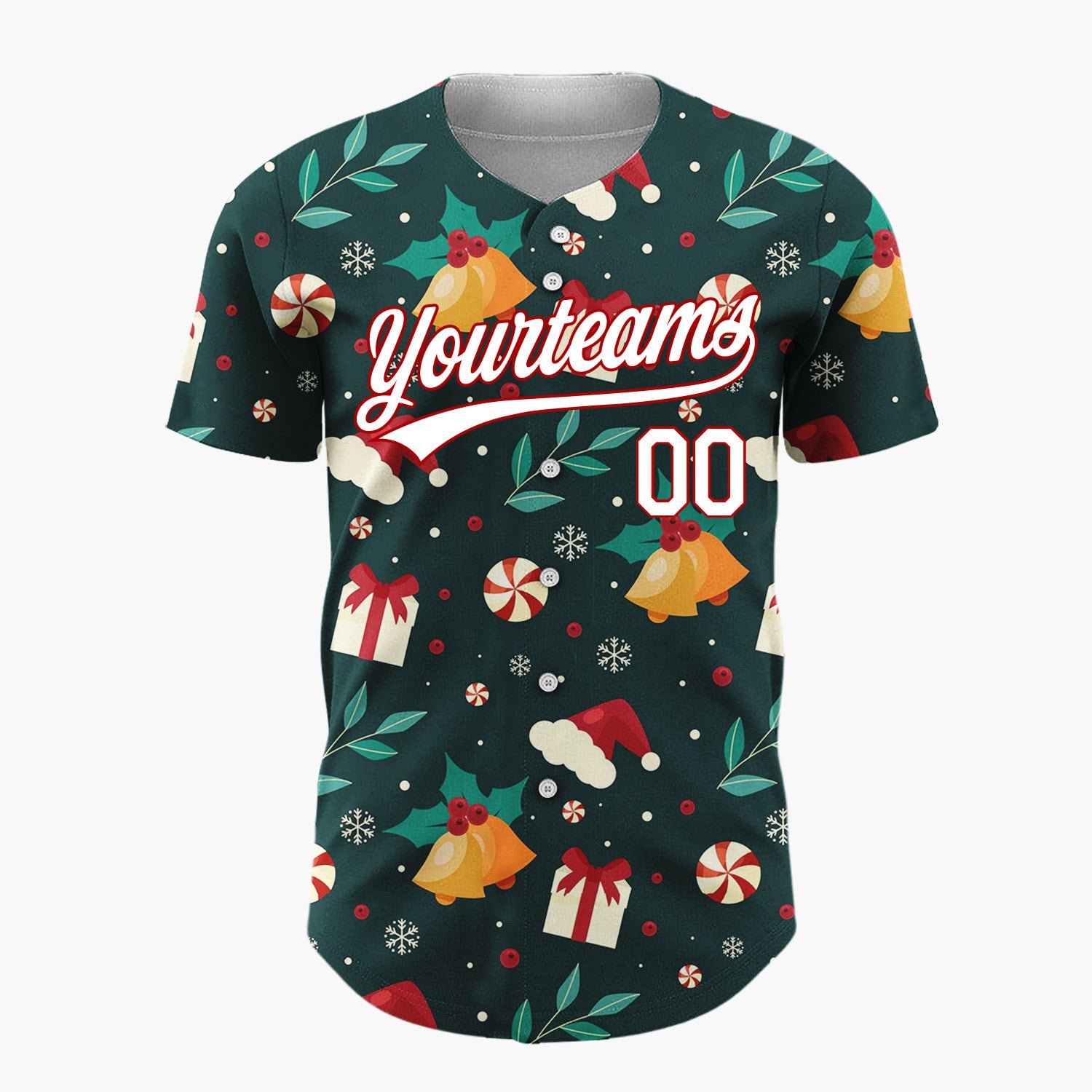 Custom Dark Green Holly Berries Festive Christmas Cartoon Pattern Christmas Baseball Jersey