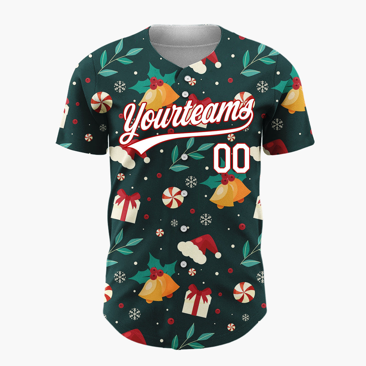 Custom Dark Green Holly Berries Festive Christmas Cartoon Pattern Christmas Baseball Jersey