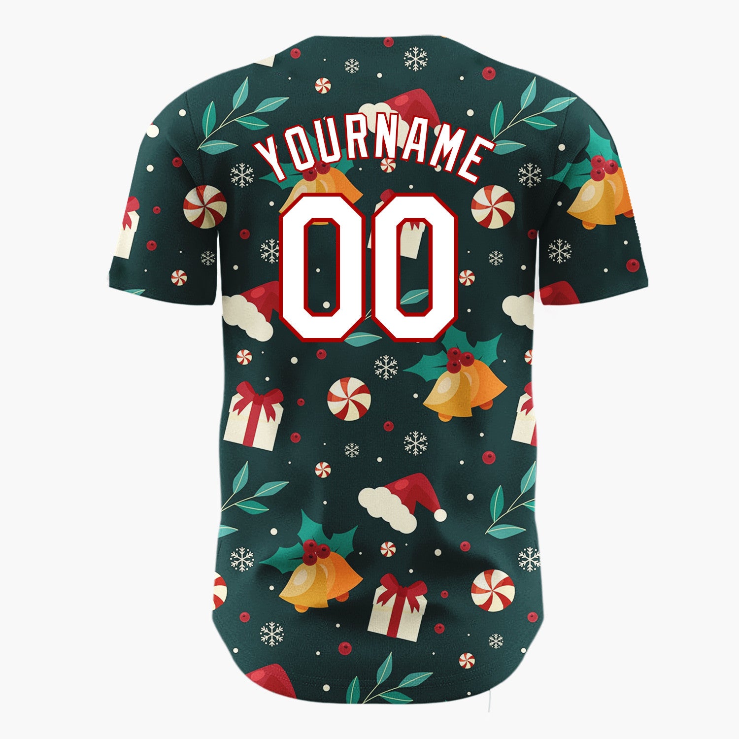 Custom Dark Green Holly Berries Festive Christmas Cartoon Pattern Christmas Baseball Jersey