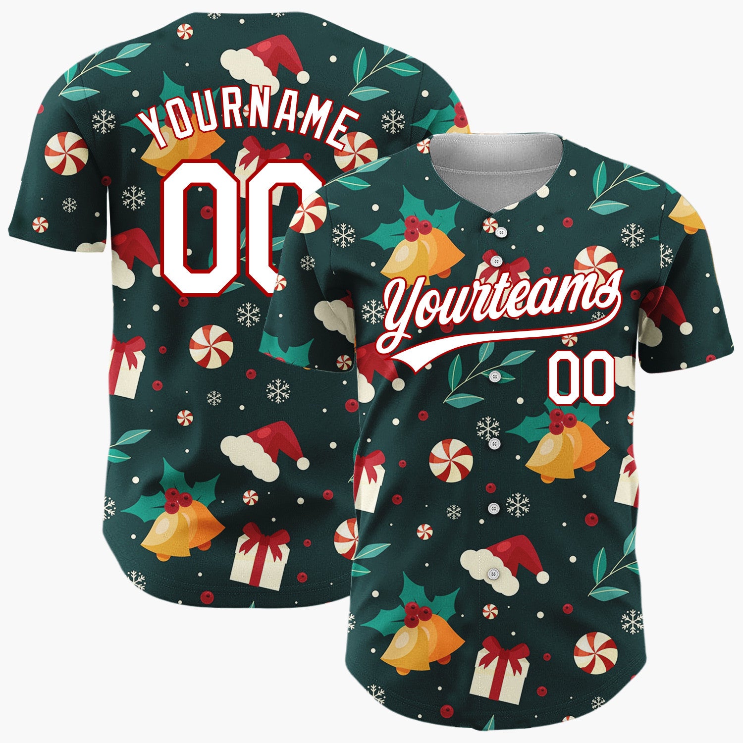 Custom Dark Green Holly Berries Festive Christmas Cartoon Pattern Christmas Baseball Jersey
