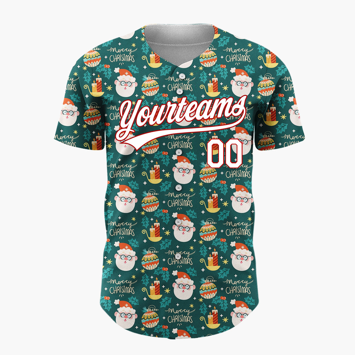 Custom Dark Green Merry Christmas Text Doodles Cartoon Pattern Christmas Baseball Jersey