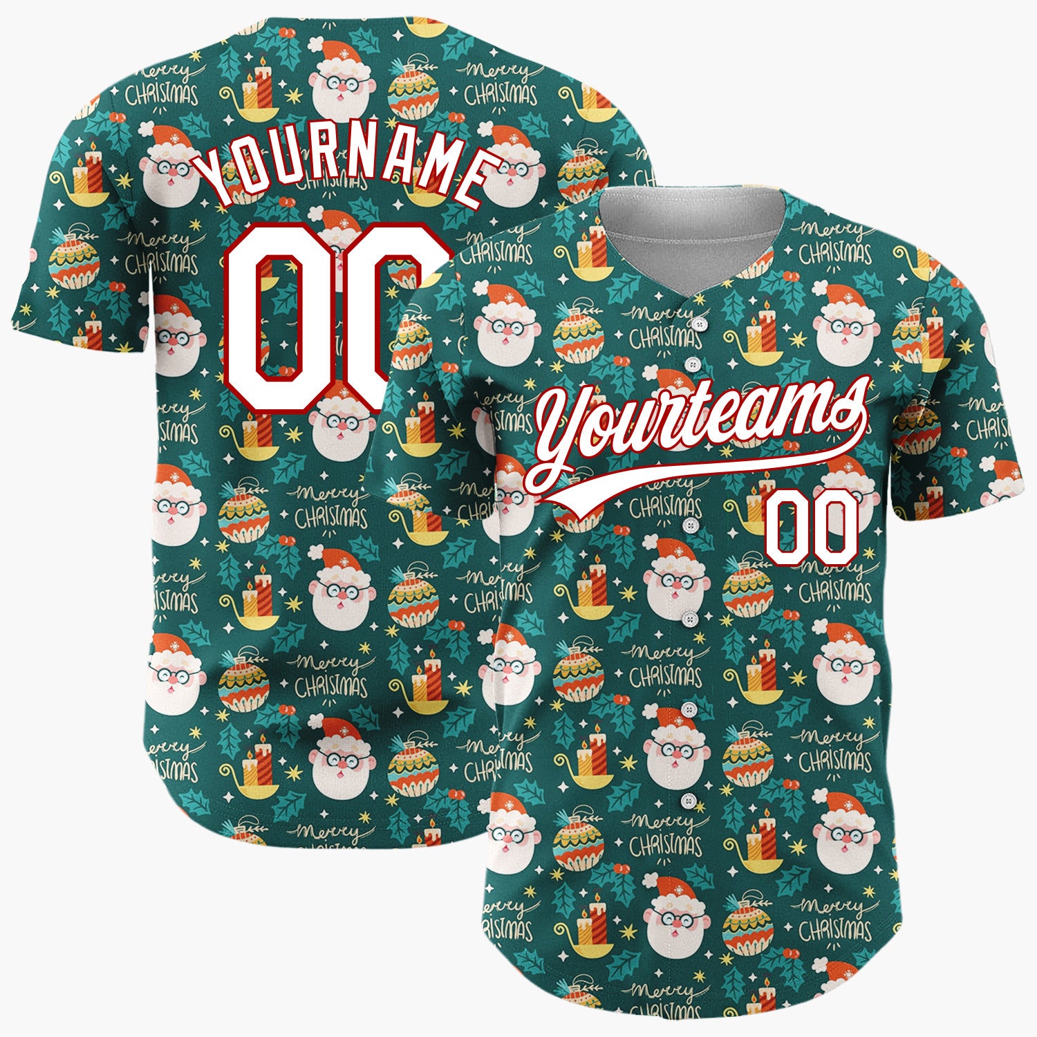 Custom Dark Green Merry Christmas Text Doodles Cartoon Pattern Christmas Baseball Jersey