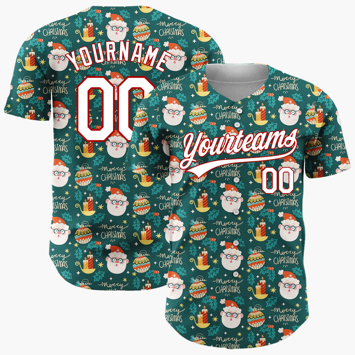 Custom Dark Green Merry Christmas Text Doodles Cartoon Pattern Christmas Baseball Jersey
