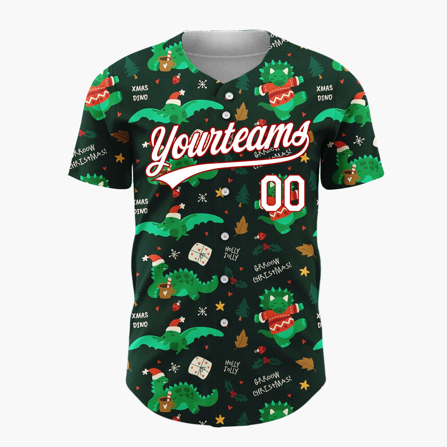 Custom Dark Green  Dinosaurs Gifts And Cocoa Cups Xmas Dino Pattern Christmas Baseball Jersey