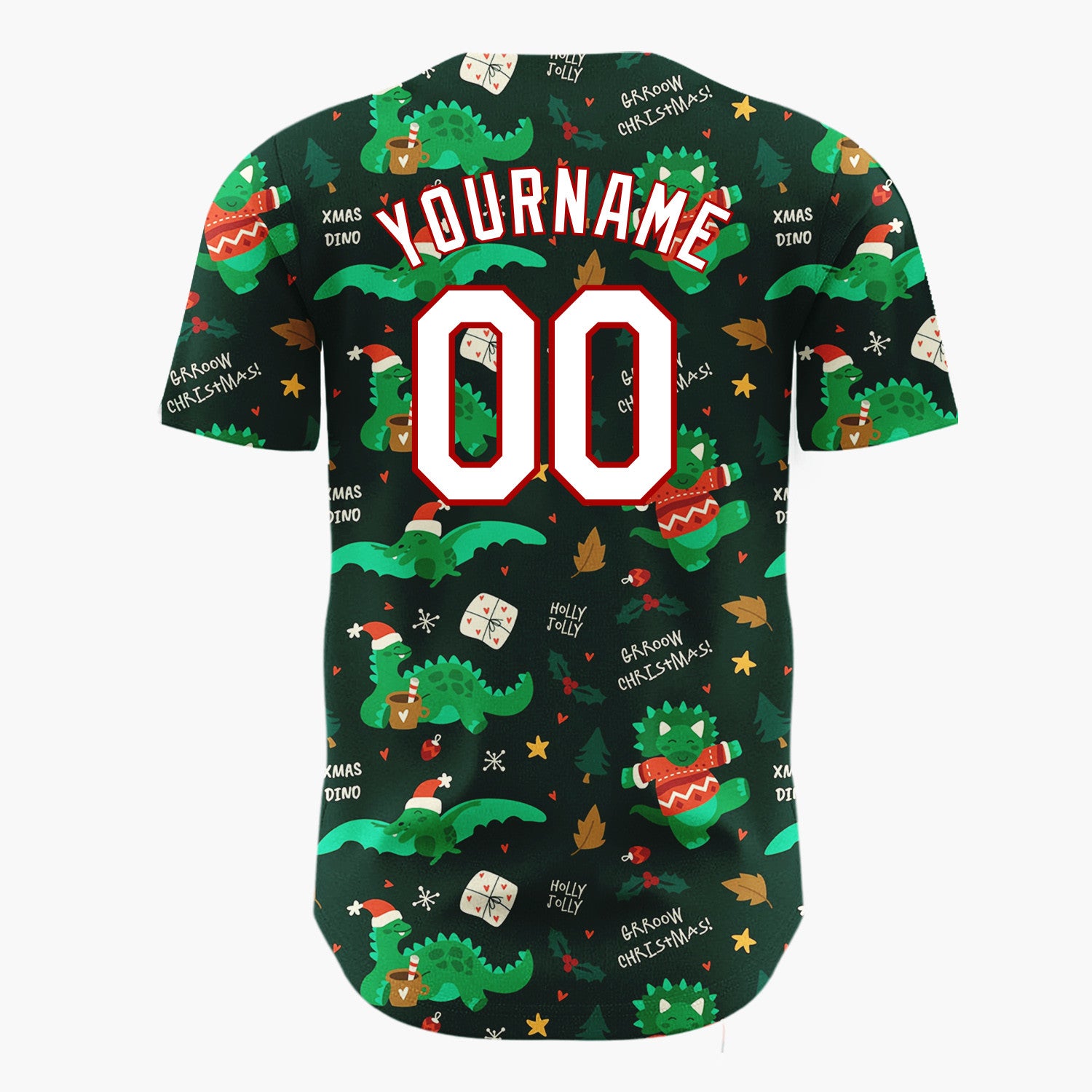 Custom Dark Green  Dinosaurs Gifts And Cocoa Cups Xmas Dino Pattern Christmas Baseball Jersey