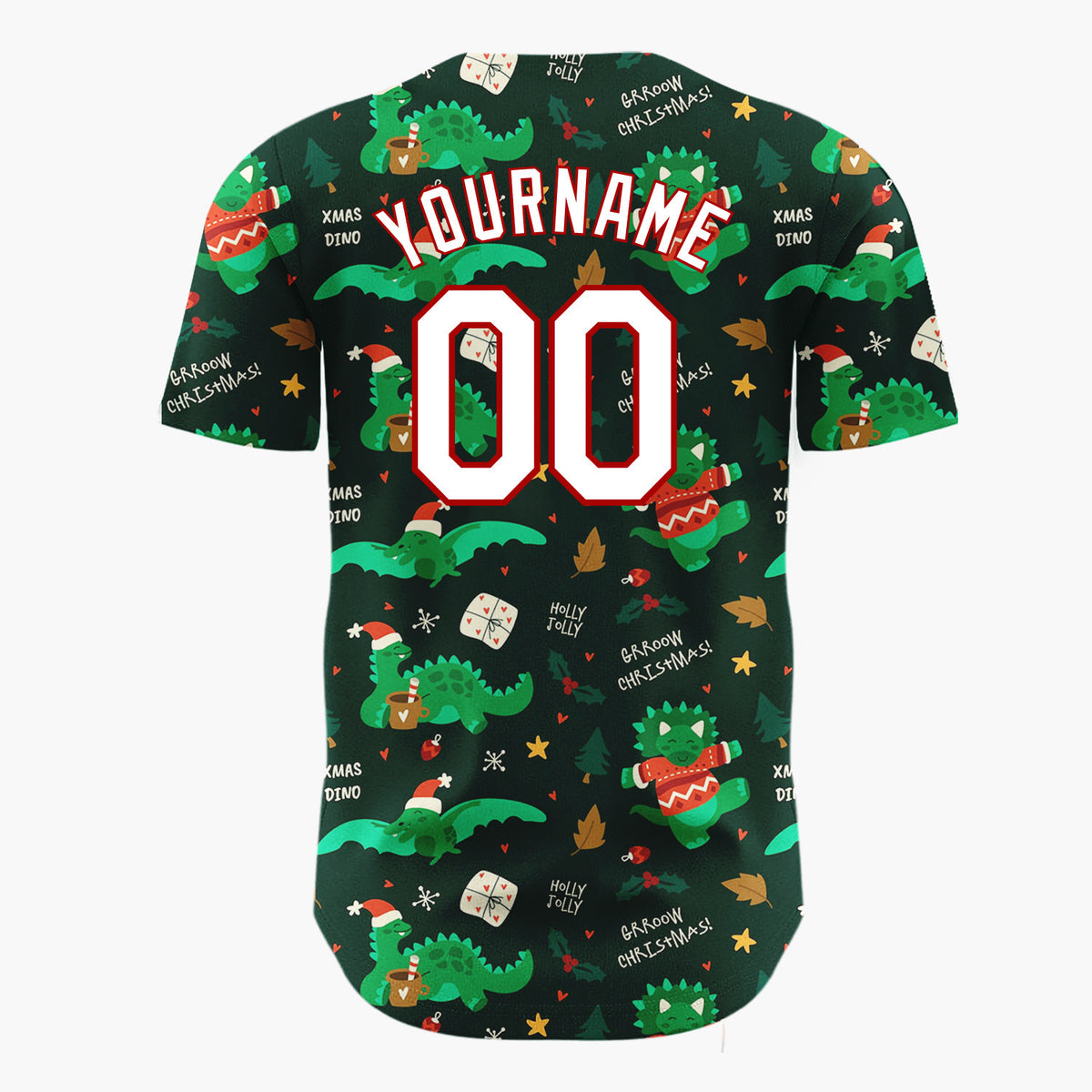 Custom Dark Green  Dinosaurs Gifts And Cocoa Cups Xmas Dino Pattern Christmas Baseball Jersey